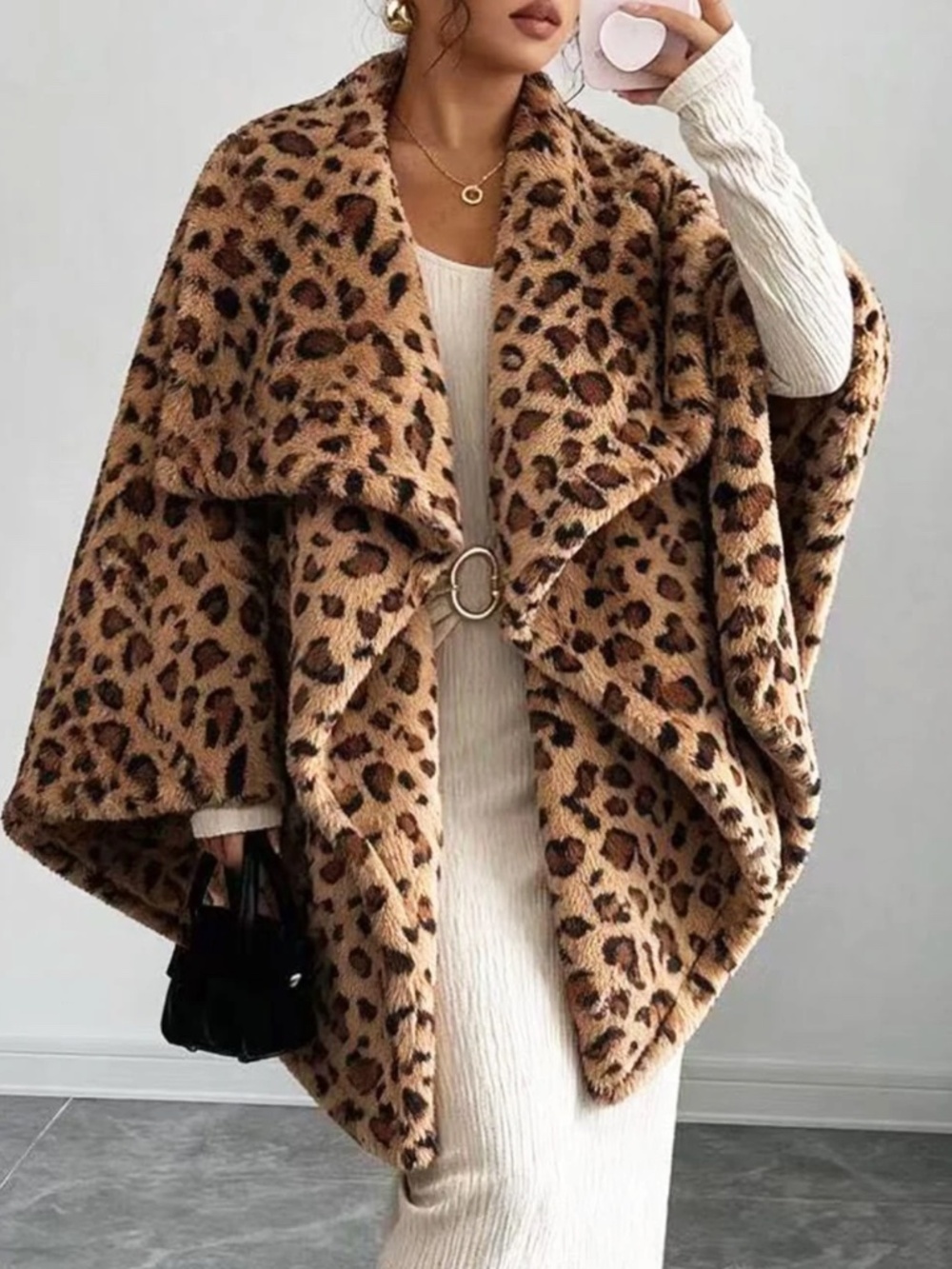 Classic leopard Print Teddy Wide Collar Open Front Shawl Jacket Coat